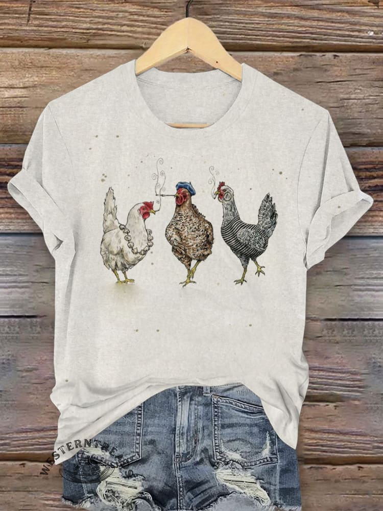 Retro Hen Art Print Casual T-shirt