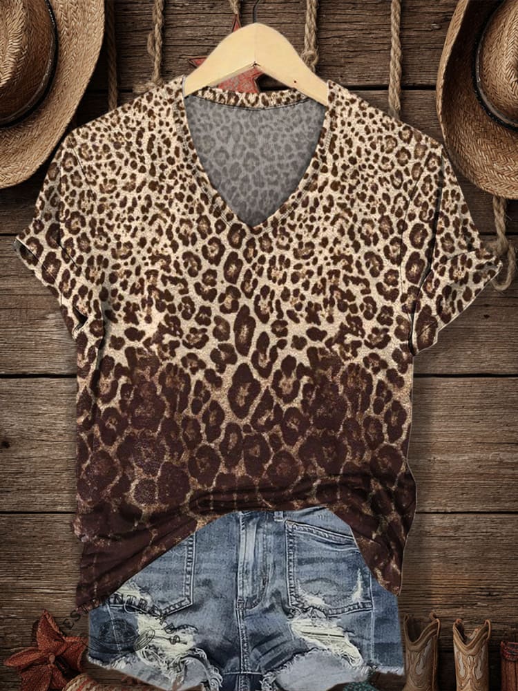 Western Style Print Women's V-neck Casual T-Shirt