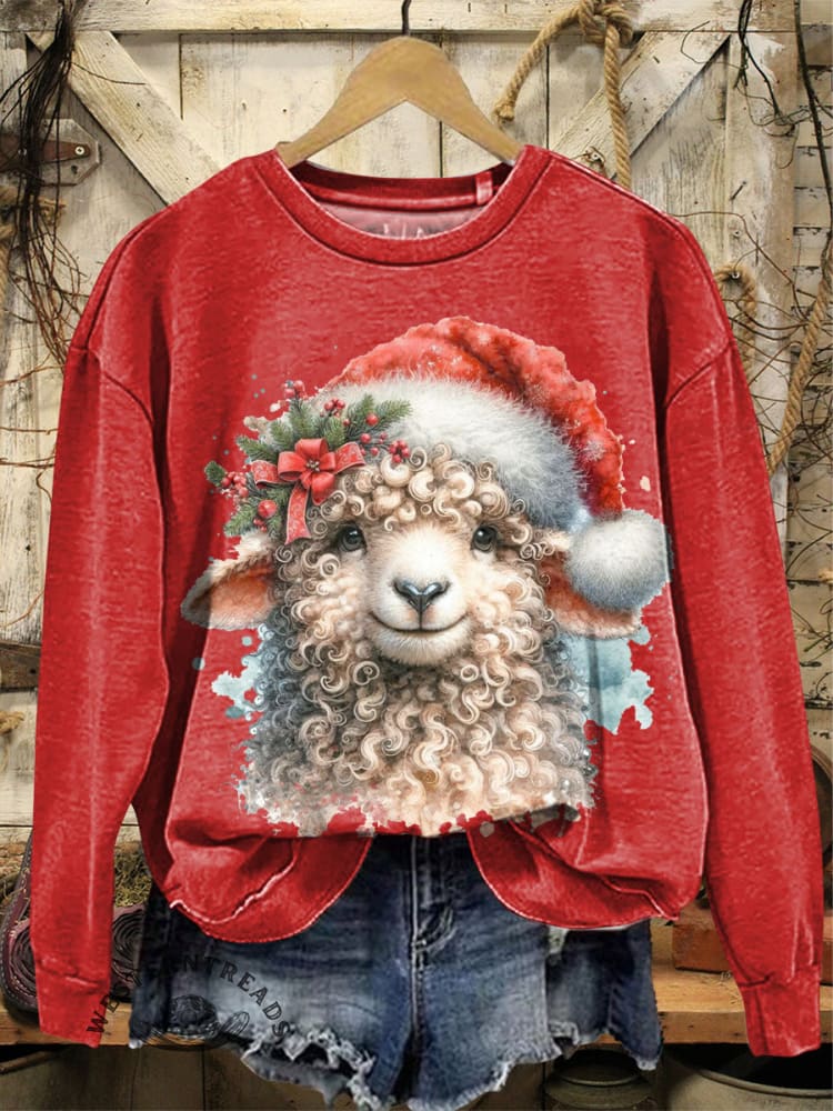 Vintage Christmas Farm Print Casual Cotton Sweatshirt