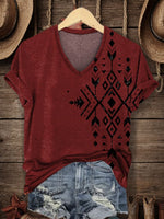 Women's Retro Aztec Print V-neck Casual T-Shirt