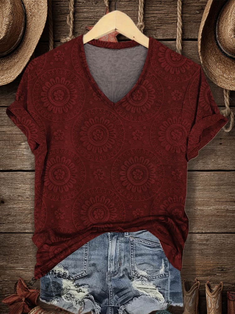 Women's Classic Pastoral Print V-neck Casual T-Shirt