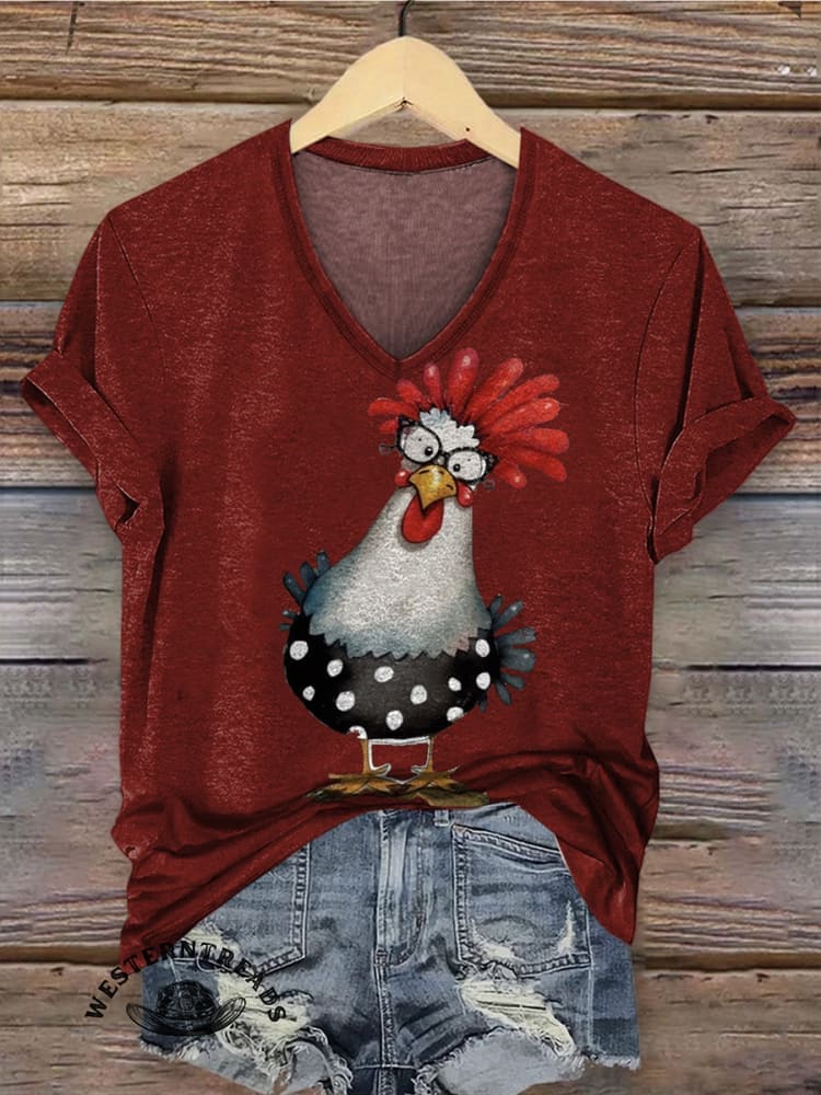 Retro Hen Art Print Casual T-shirt