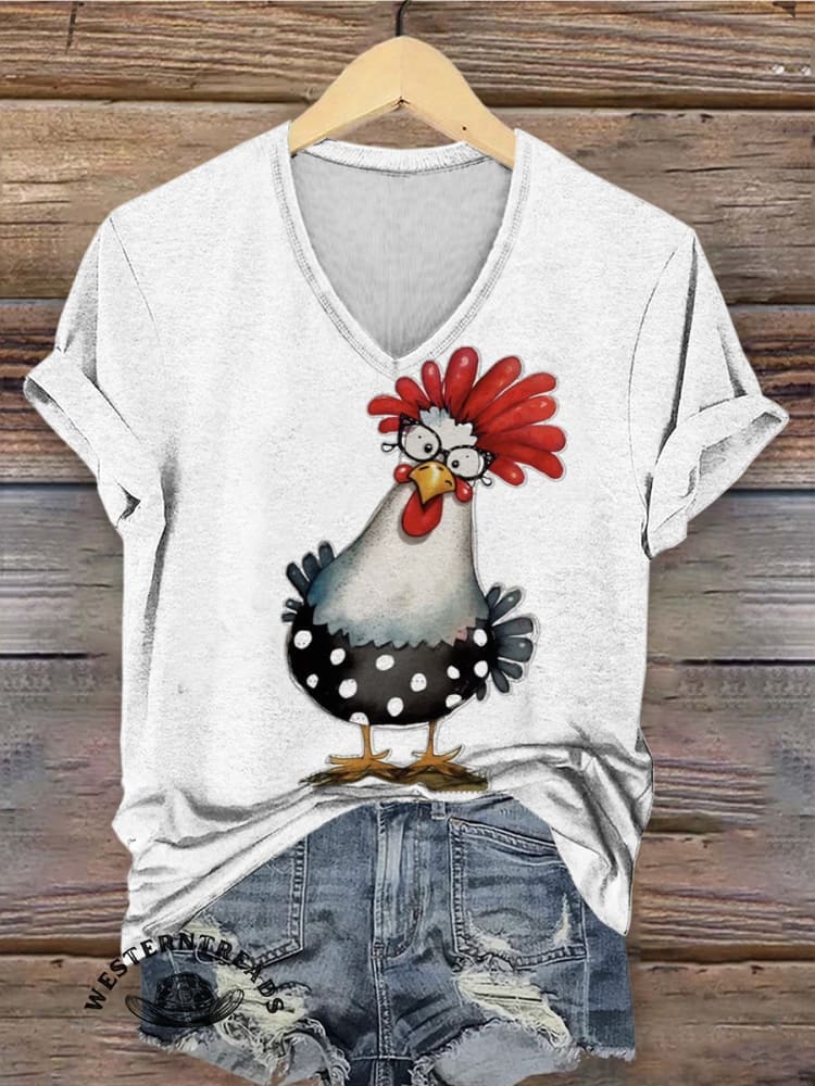 Retro Hen Art Print Casual T-shirt