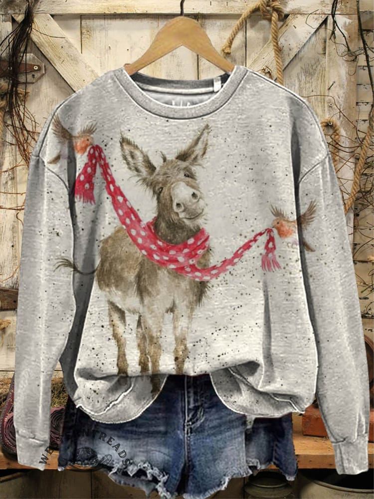 Vintage Christmas Donkey Pattern Casual Cotton Sweatshirt