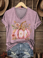 Women's Vintage Pumpkin Print V-neck Casual T-Shirt