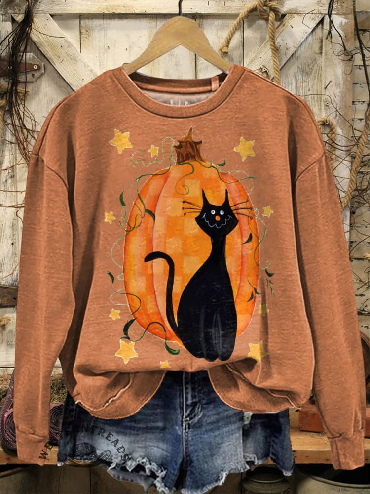 Vintage Halloween Pumpkin Art Print Casual Cotton Sweatshirt