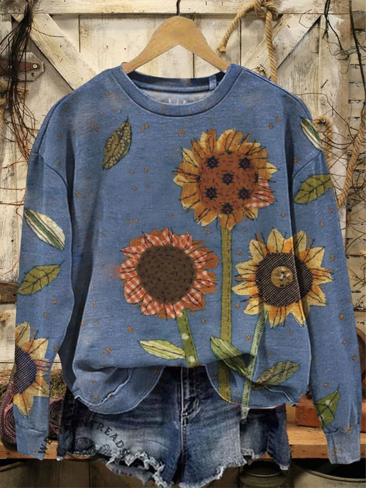 Vintage Classic Simple Flower Art Print Casual Cotton Sweatshirt