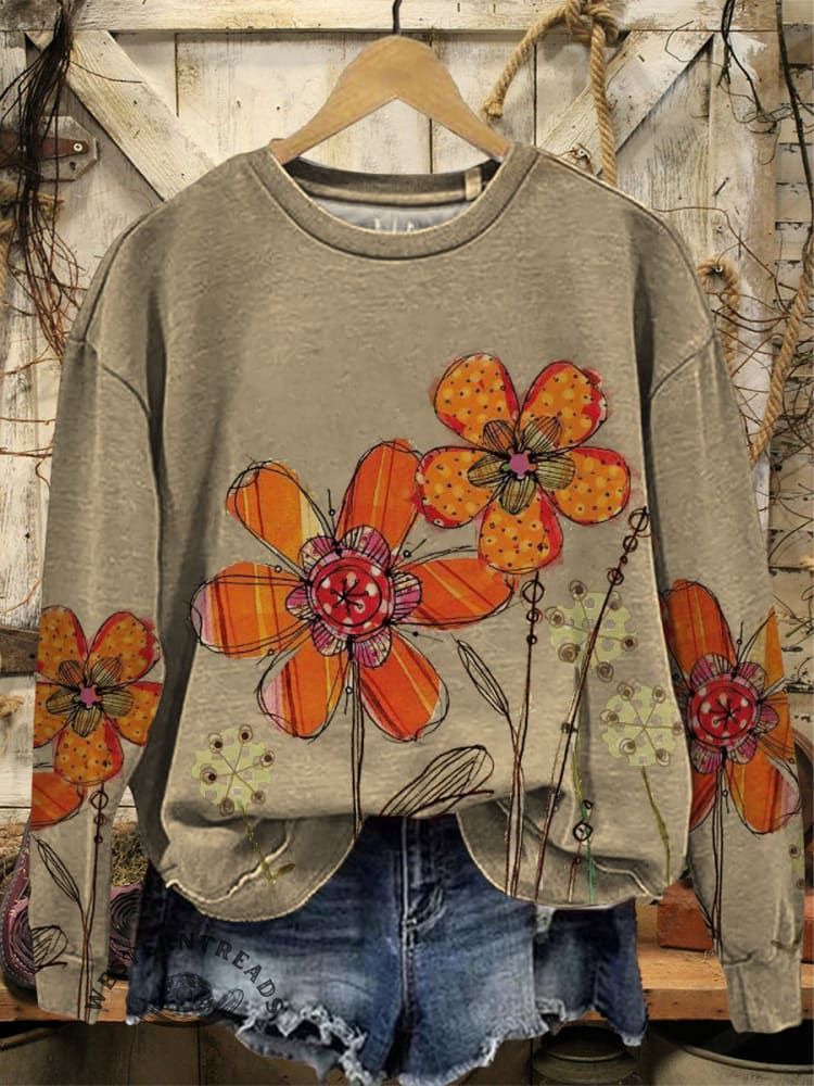 Vintage Classic Simple Flower Art Print Casual Cotton Sweatshirt