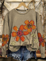 Vintage Classic Simple Flower Art Print Casual Cotton Sweatshirt