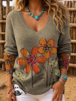 Vintage Classic Simple Flower Art Print Casual Cotton Sweatshirt