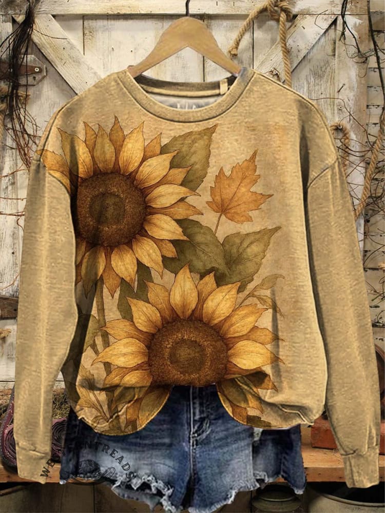 Vintage Sunflower Art Print Casual Cotton Sweatshirt