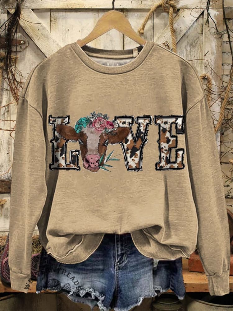 Vintage Fall Western Art Print Casual Cotton Sweatshirt