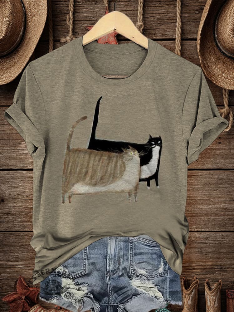 Retro Cat Art Print Casual T-shirt