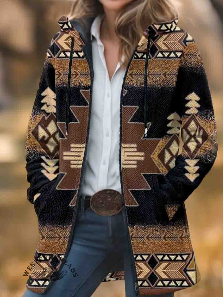 Aztec Print Unisex Plush Thick Long-Sleeved Cardigan Coat