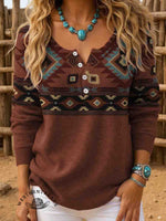 Women's Vintage Aztec Print Henley Neck Sweater Top