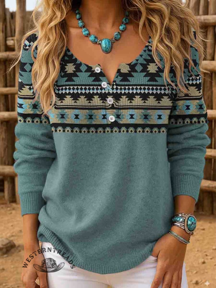 Women's Vintage Aztec Print Henley Neck Sweater Top