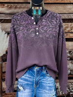 Women's Vintage Floral Print Henley Neck Sweater Top