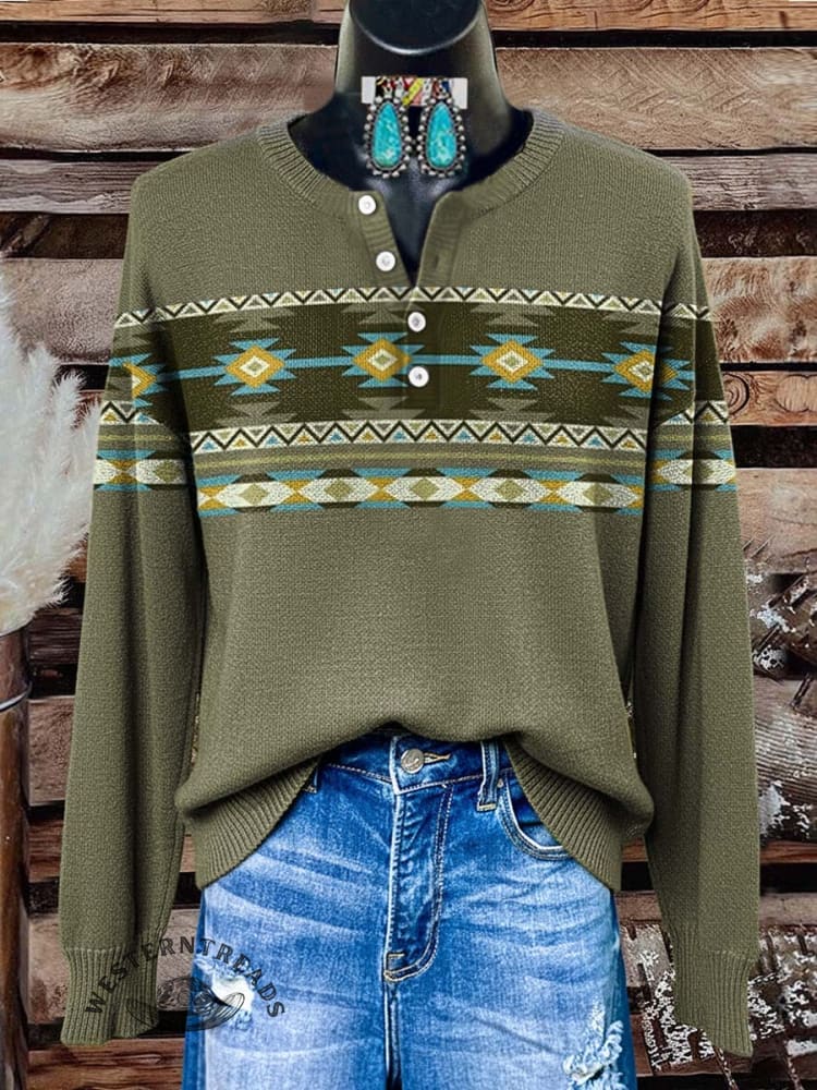 Women's Vintage Aztec Print Henley Neck Sweater Top
