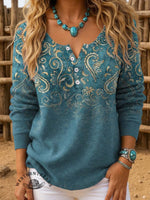 Women's Vintage Floral Print Henley Neck Sweater Top