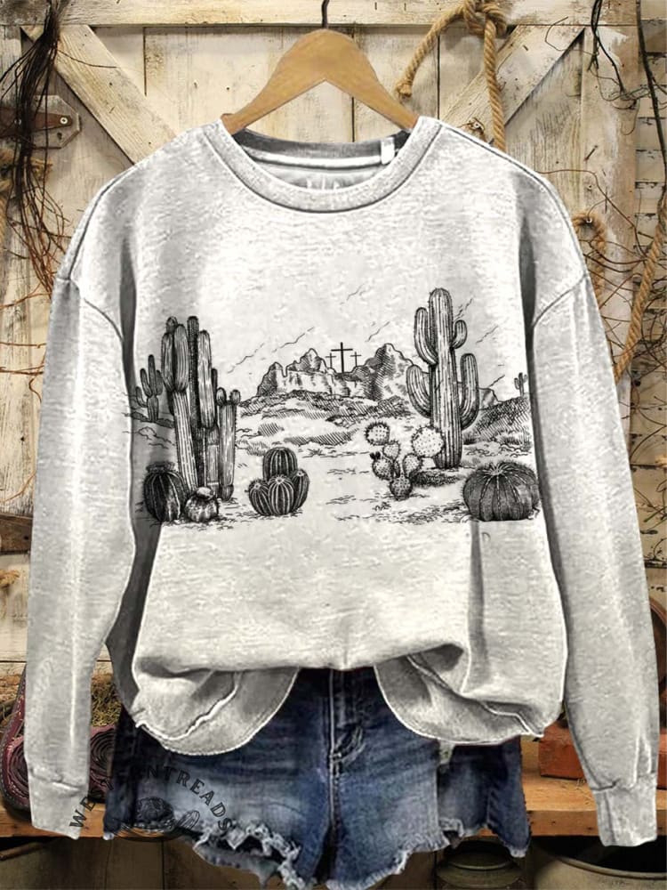 Vintage Western Art Print Casual Cotton Sweatshirt