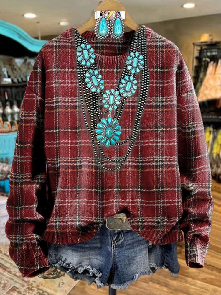 Vintage Christmas Classic Red Plaid Print Knit Pullover Sweater