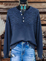 Women's Vintage Floral Print Henley Neck Sweater Top