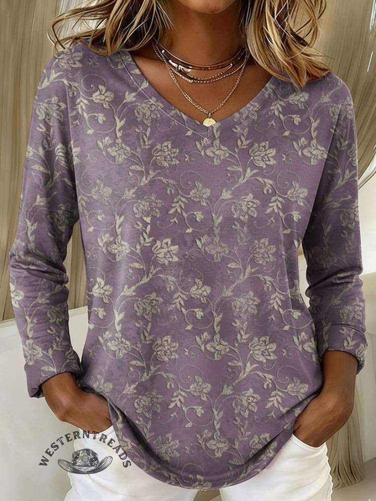 Women's Floral Print Casual V-neck Long Sleeve T-shirt
