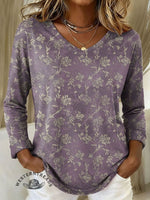 Women's Floral Print Casual V-neck Long Sleeve T-shirt