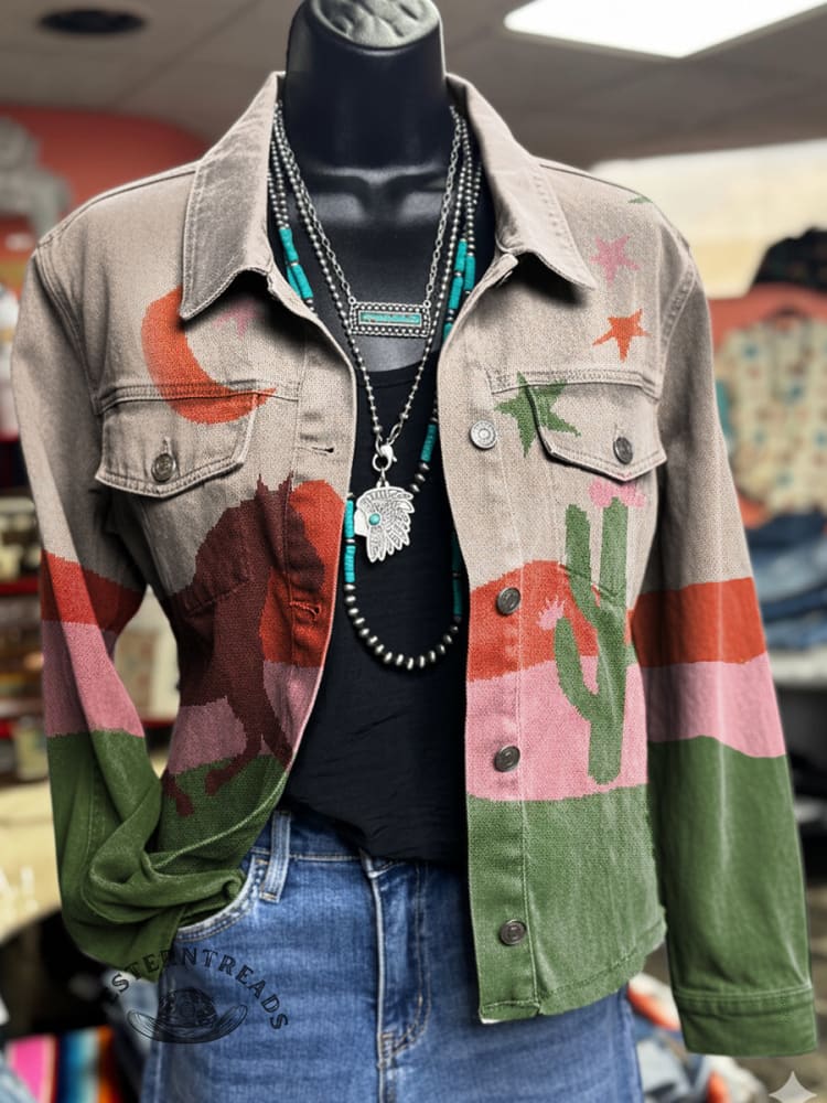 Vintage Western Art Print Casual Denim Jacket