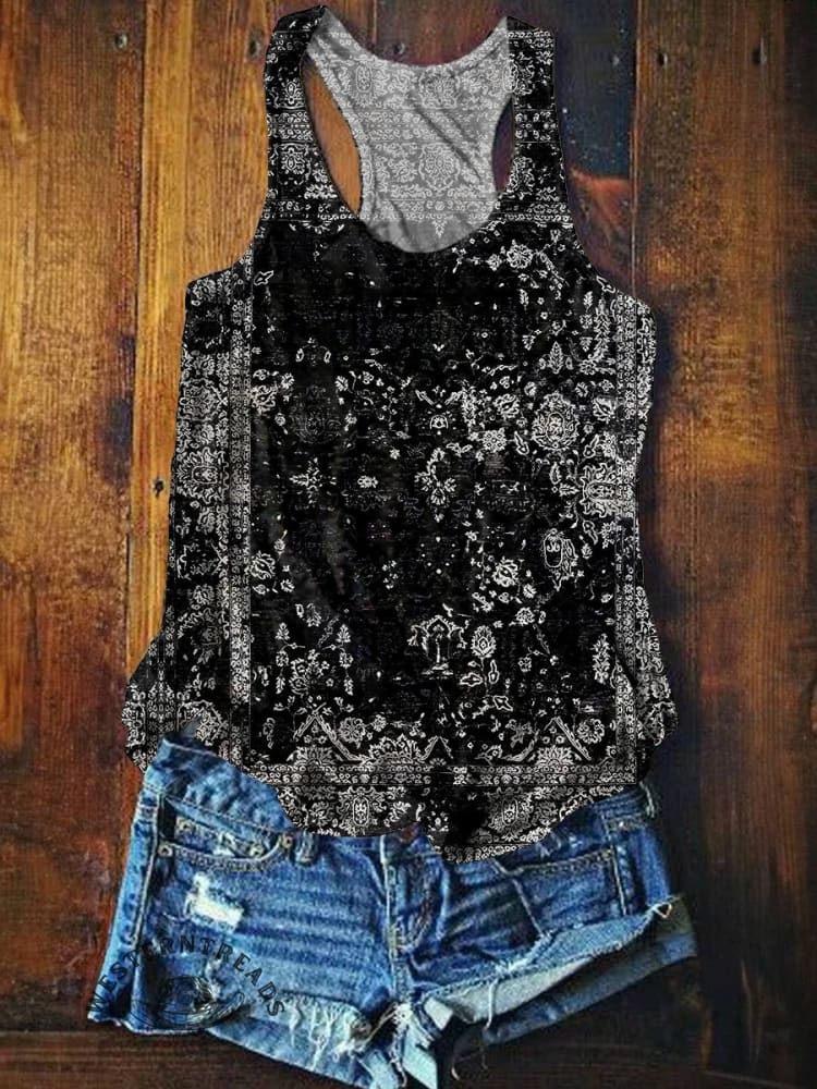 Women's Vintage Black Ethnic V-neck Casual T-Shirt