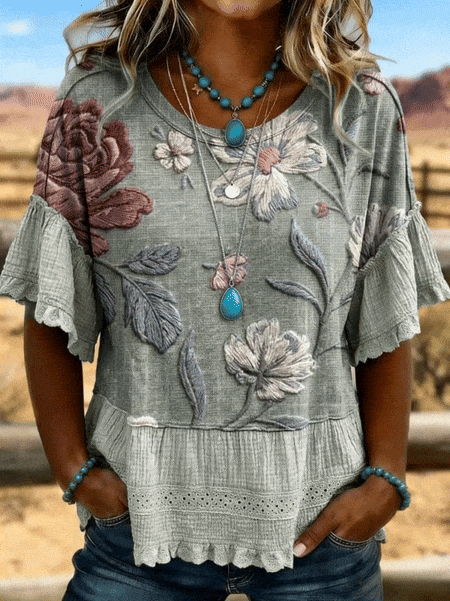 Vintage Art Hollowed Out Lace Patchwork T-Shirt