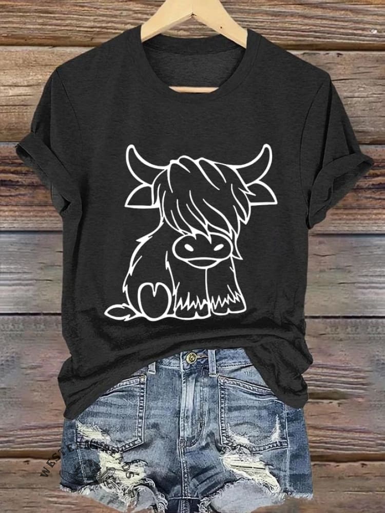 Women's Western Highland Cow printed casual T-shirt