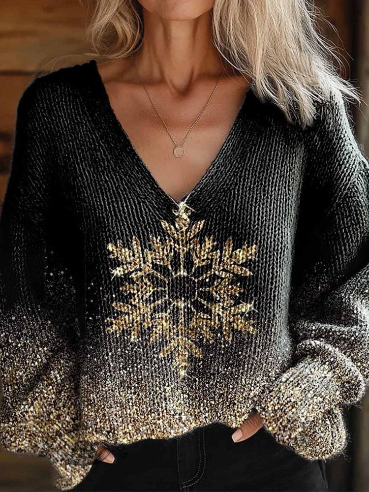 Women's Christmas Snowflake Art Pattern Casual V-Neck Knitted Sweater