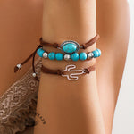 Western Cowboy Style Cactus Decor Turquoise Beaded Bracelet Set