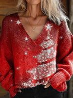 Women's Glitter Christmas Tree Art Pattern Casual V-Neck Knit Sweater