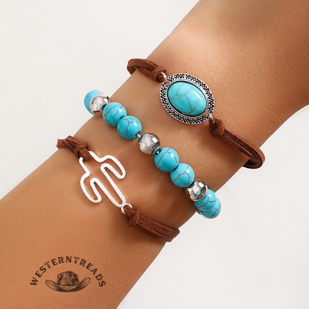 Western Cowboy Style Cactus Decor Turquoise Beaded Bracelet Set