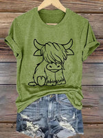 Women's Western Highland Cow printed casual T-shirt