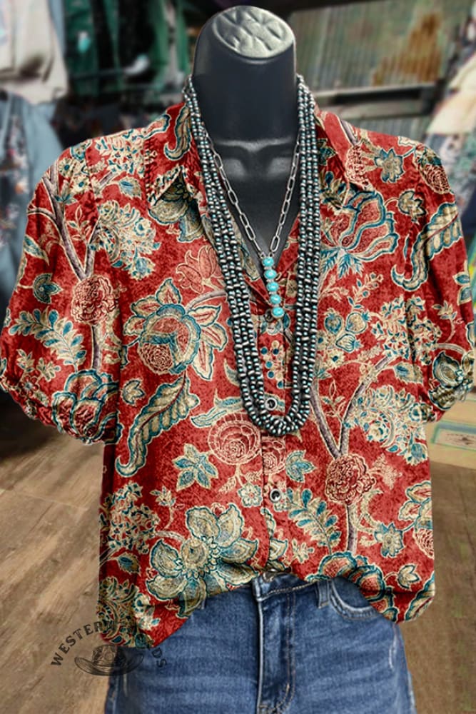 Retro Floral Print Collared Puff Sleeve Top