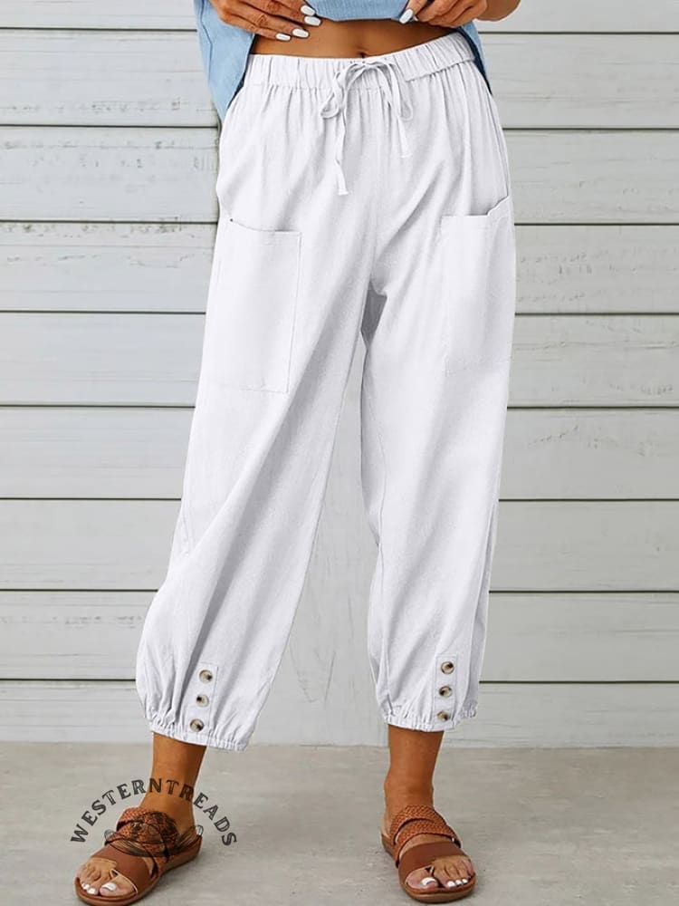 Solid Color Casual With Pocket Buttons Cotton Linen Trousers Pants