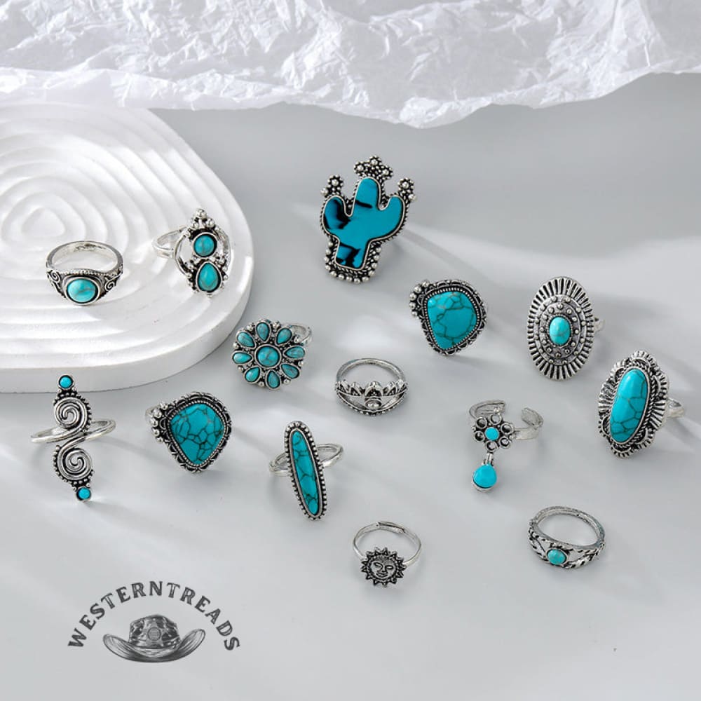 14PCS Turquoise Cactus Carved Ring Set