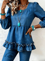 Women's Square Neck Ruffled Casual Denim Top