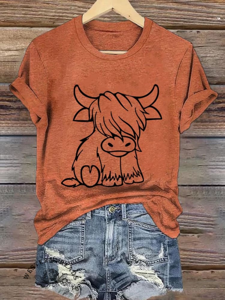 Women's Western Highland Cow printed casual T-shirt