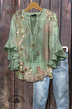 Women's Vintage Floral Print Ruffle Sleeve Top