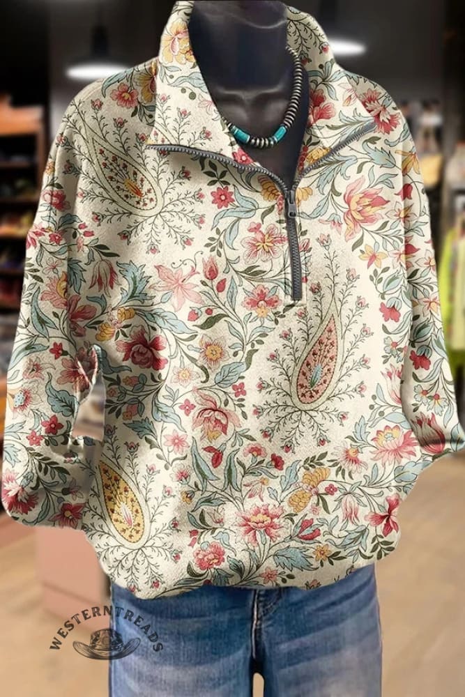 Vintage Art Prints Casual Long Sleeve Zip Sweatshirt