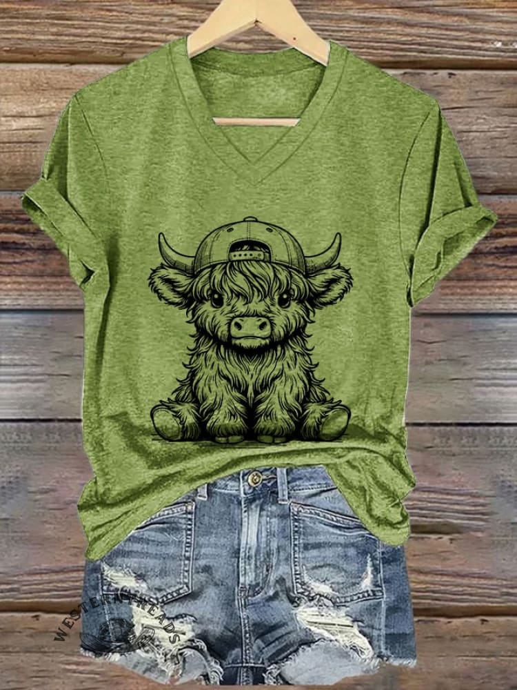 Women's Western Highland Cow printed casual T-shirt