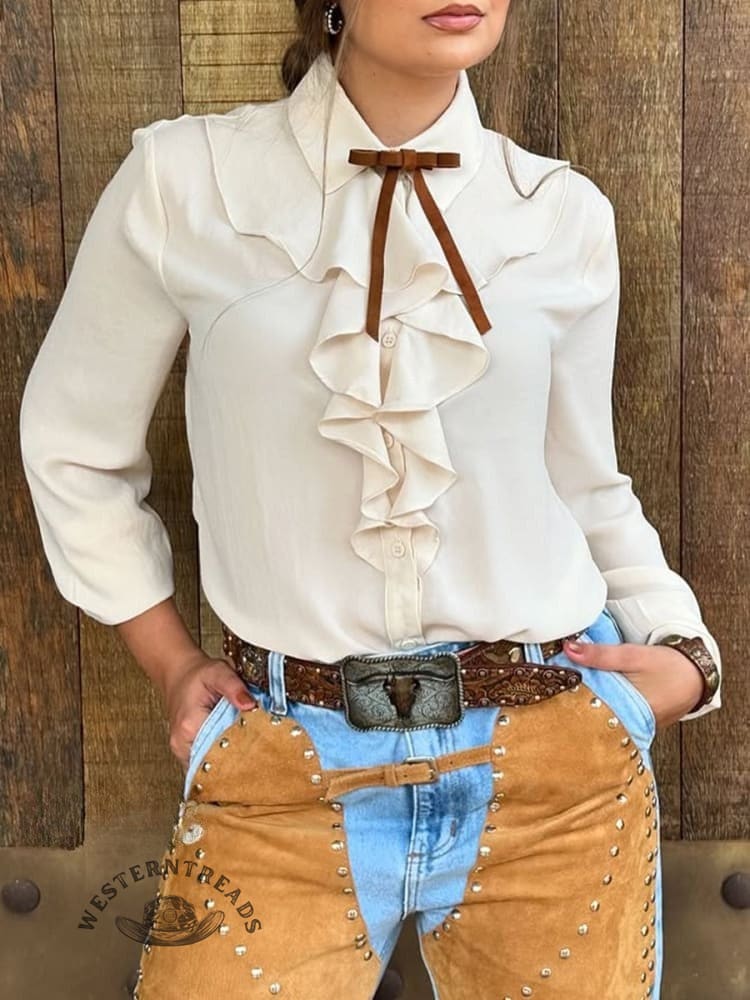 Women's Cowboy Print Casual Ruffle Shirt