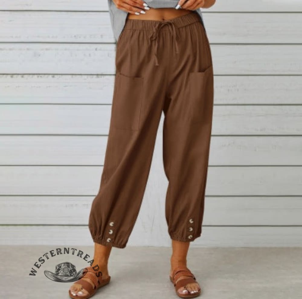 Solid Color Casual With Pocket Buttons Cotton Linen Trousers Pants
