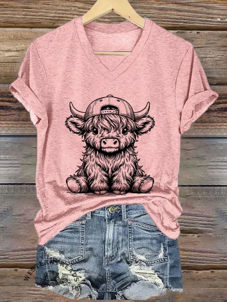 Women's Western Highland Cow printed casual T-shirt