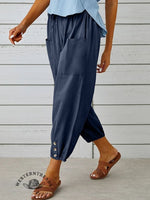 Solid Color Casual With Pocket Buttons Cotton Linen Trousers Pants