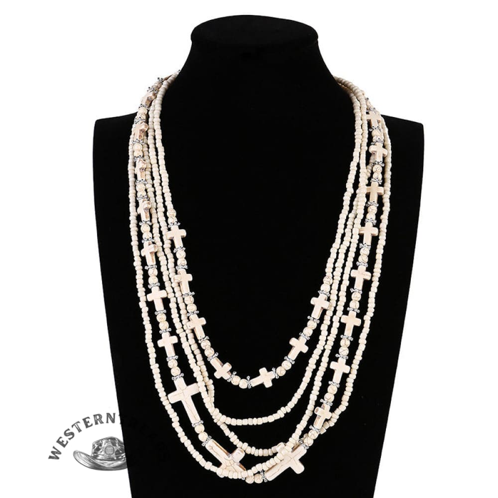 Vintage Turquoise Rice Beaded Multi-layer Cross Necklace